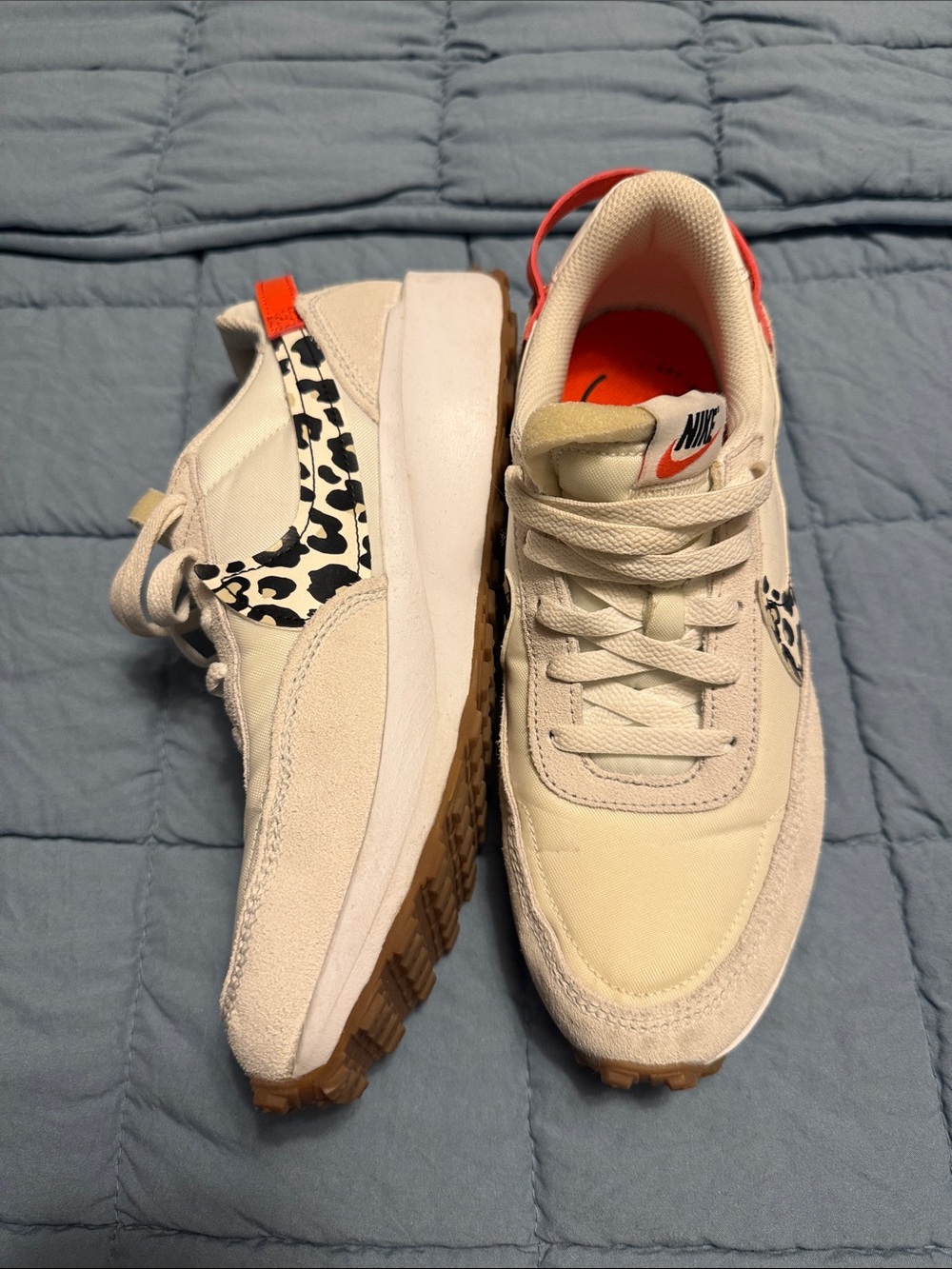 Nike Cream and Leopard-Print Waffle Sneakers with Orange Accents